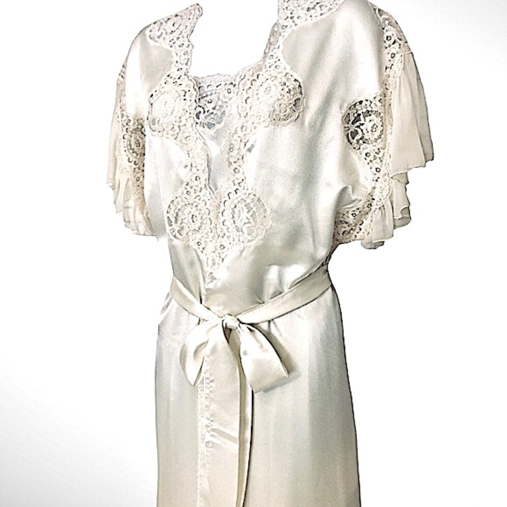 VTG 70s BLANCHE FOR NEIMAN MARCUS IVORY SATIN & CHIFFON PEIGNOIR SET ROBE & GOWN